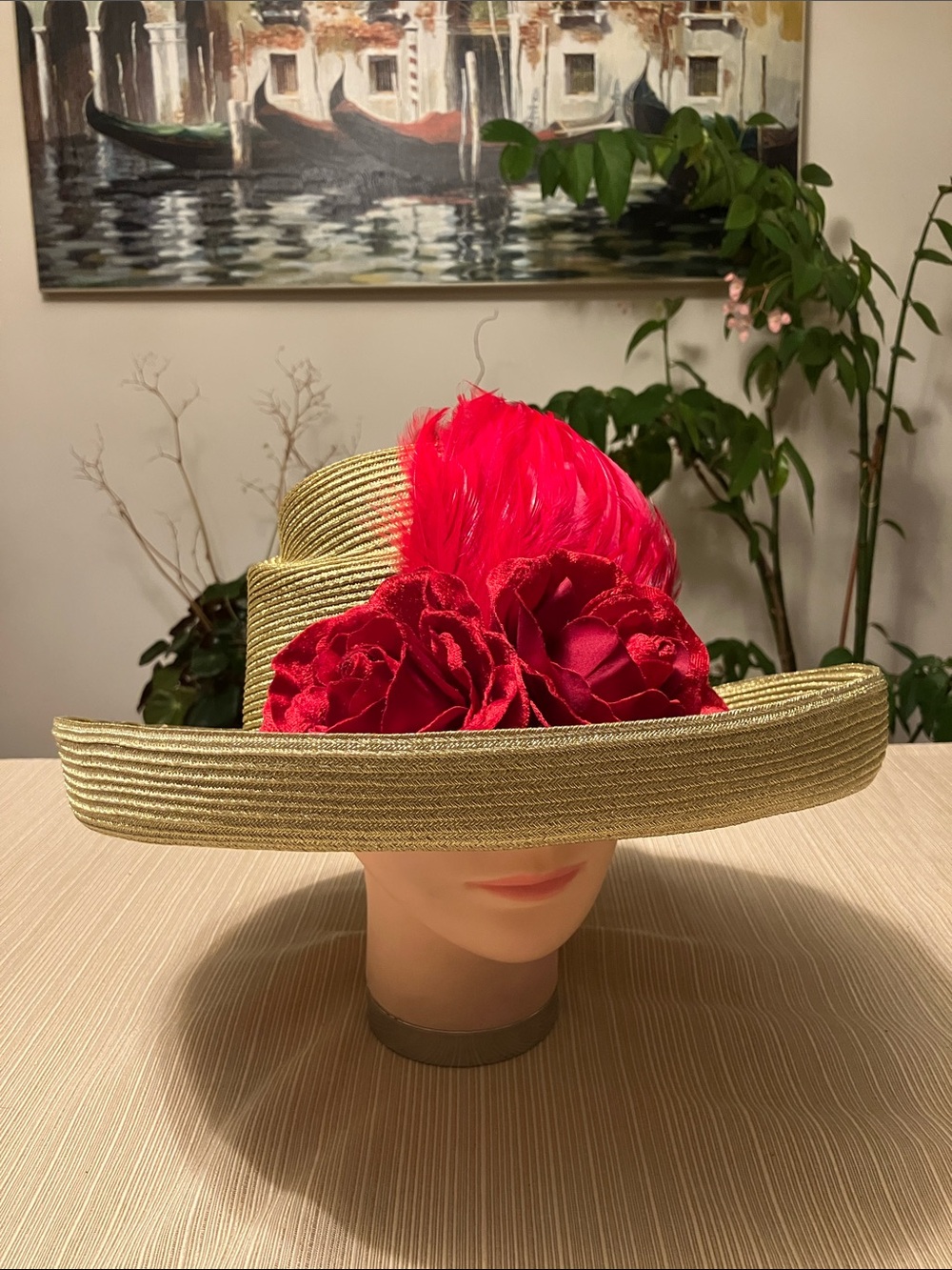 Elegant Women's Metallic Gold Straw Har with Red Floral & Feather Accent